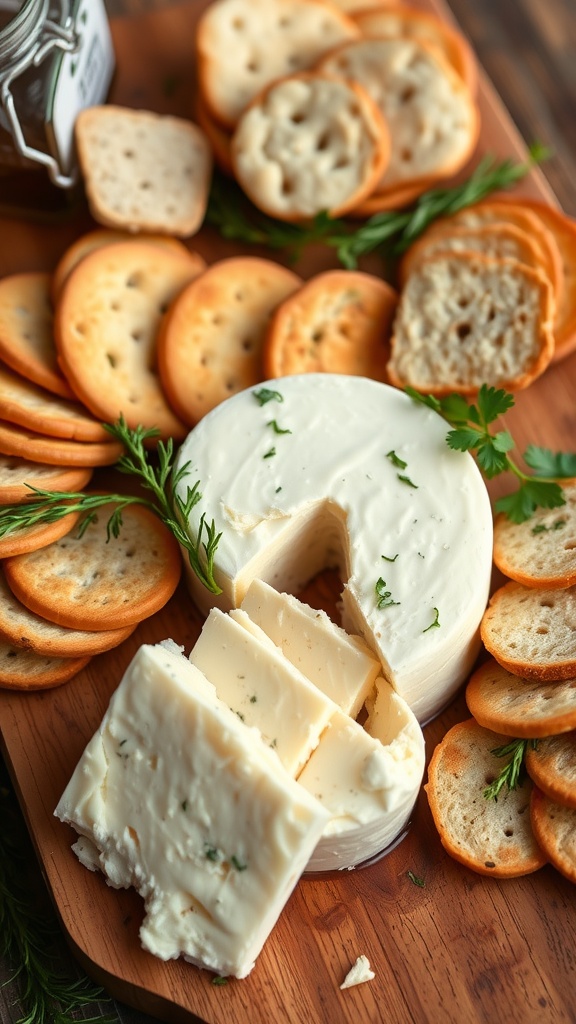 Homemade cheese on a wooden board with herbs, crackers, and bread.